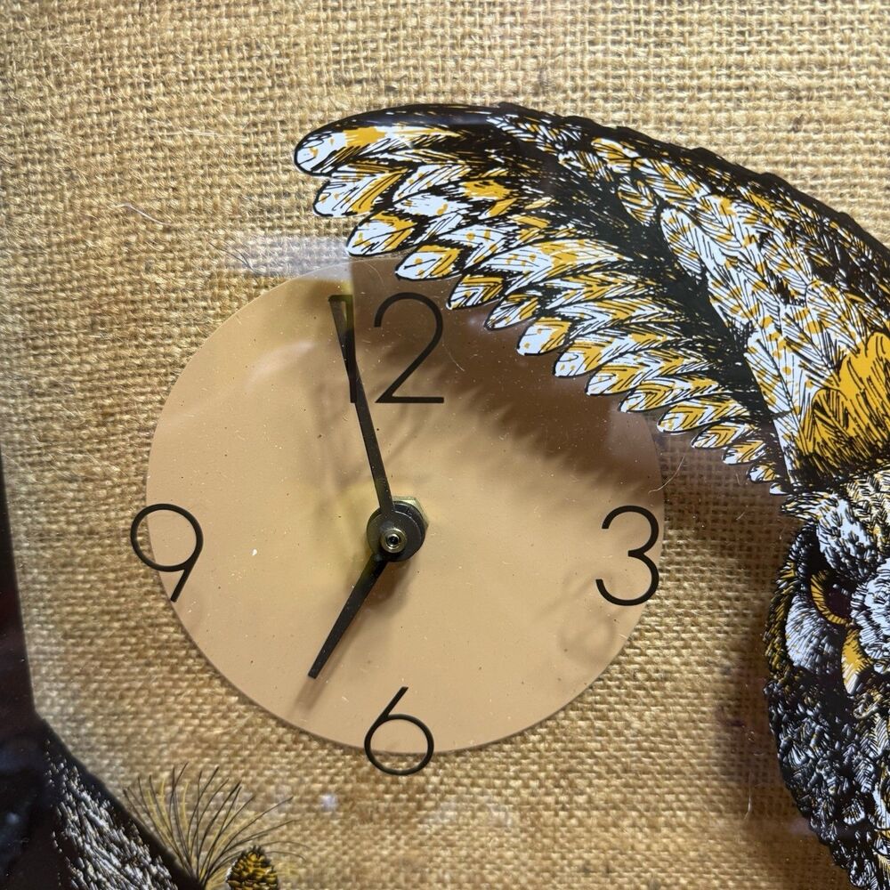 VTG Elgin Wall Clock owl landing on tine branch 70s mcm Retro Glass Clock Owls - Picture 8 of 13